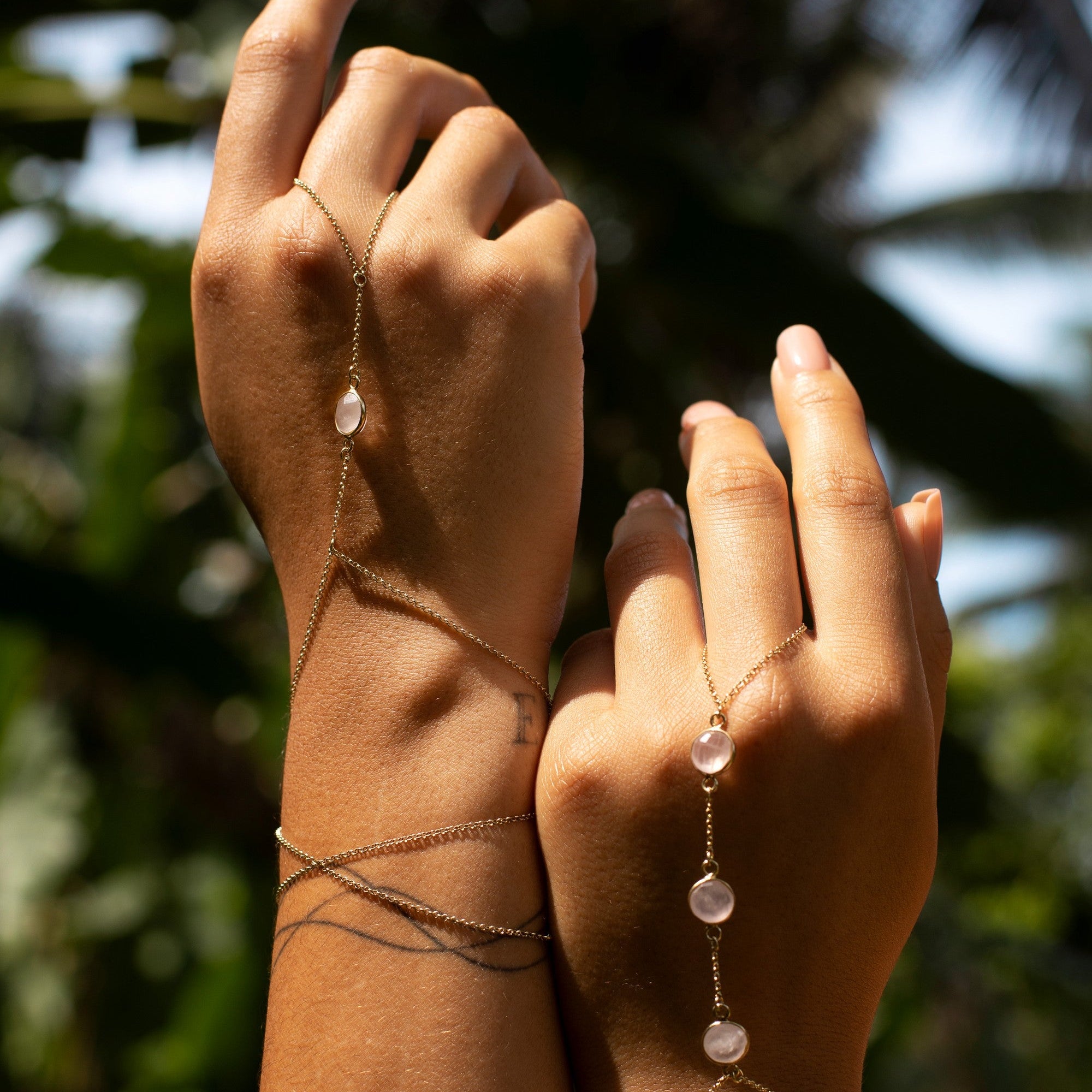Nishati Hand Chain and Kiseya Hand Chain in Rose Quartz