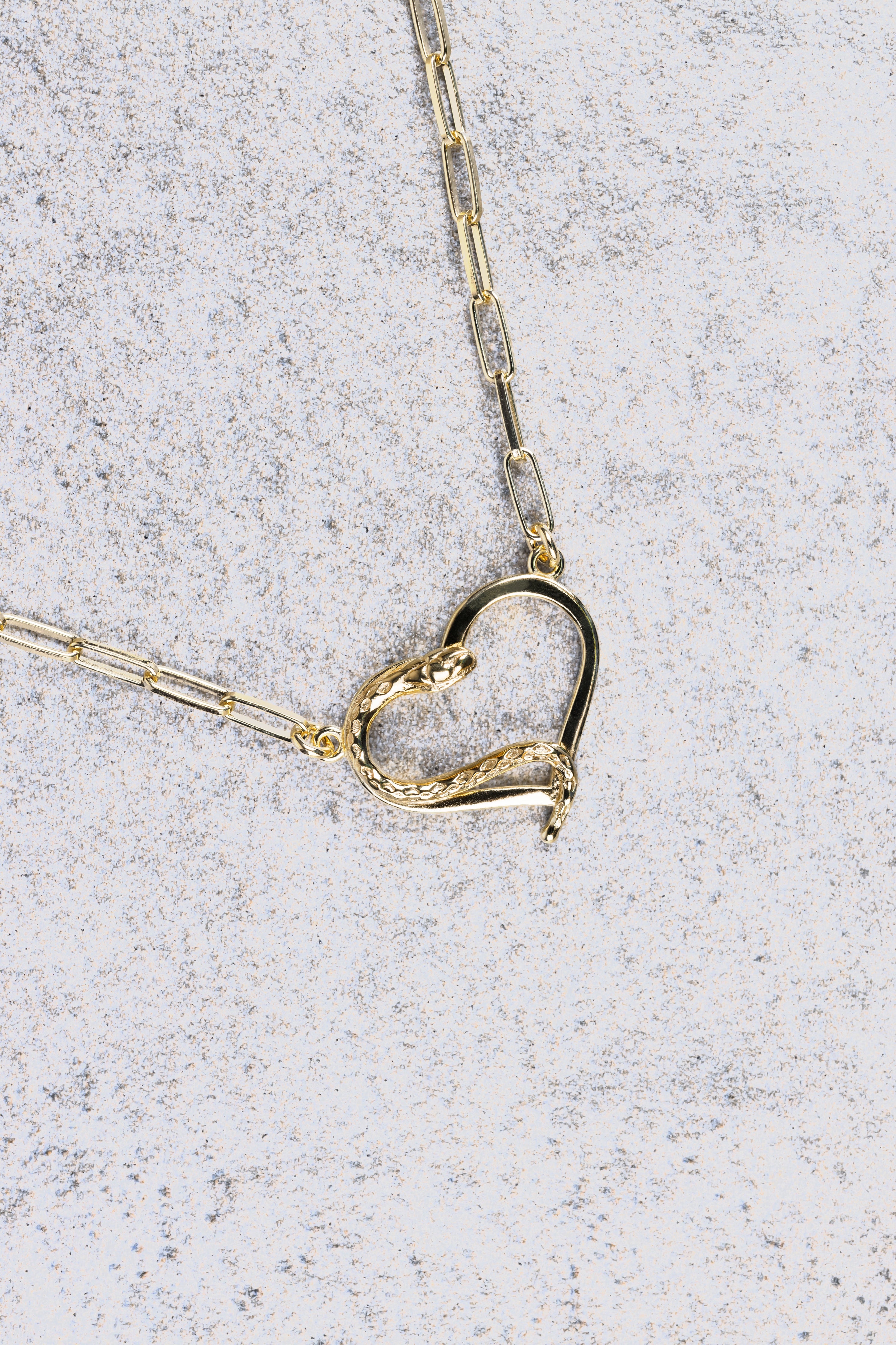 Amo necklace, close-up of the heart and serpent pendant