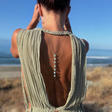 Amaanyi gemstone body chain, flat lay showing full design