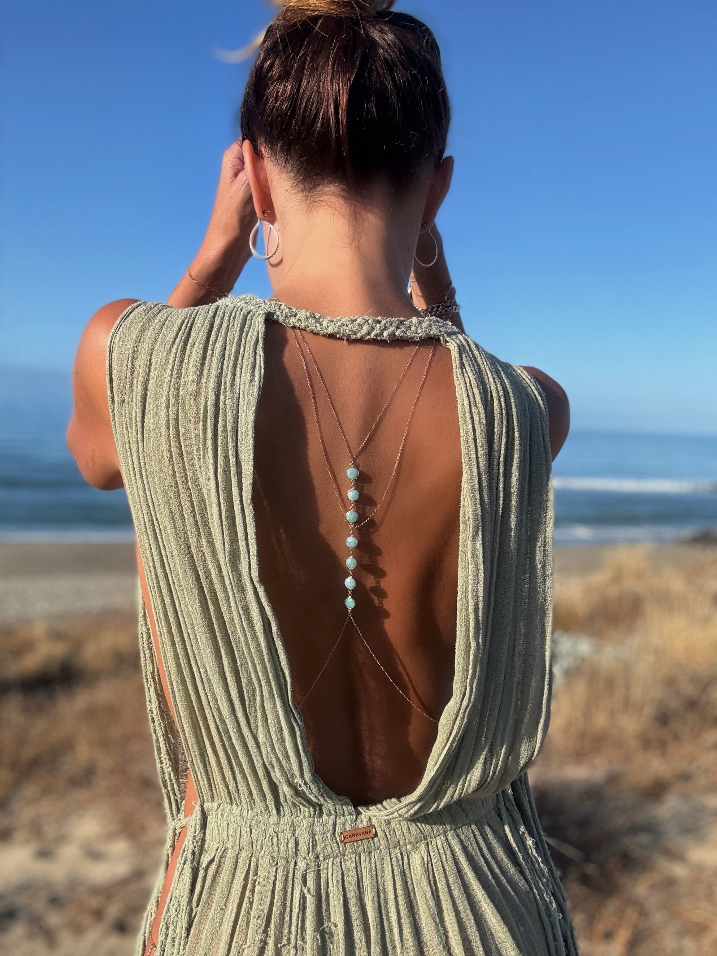 Amaanyi gemstone body chain, flat lay showing full design