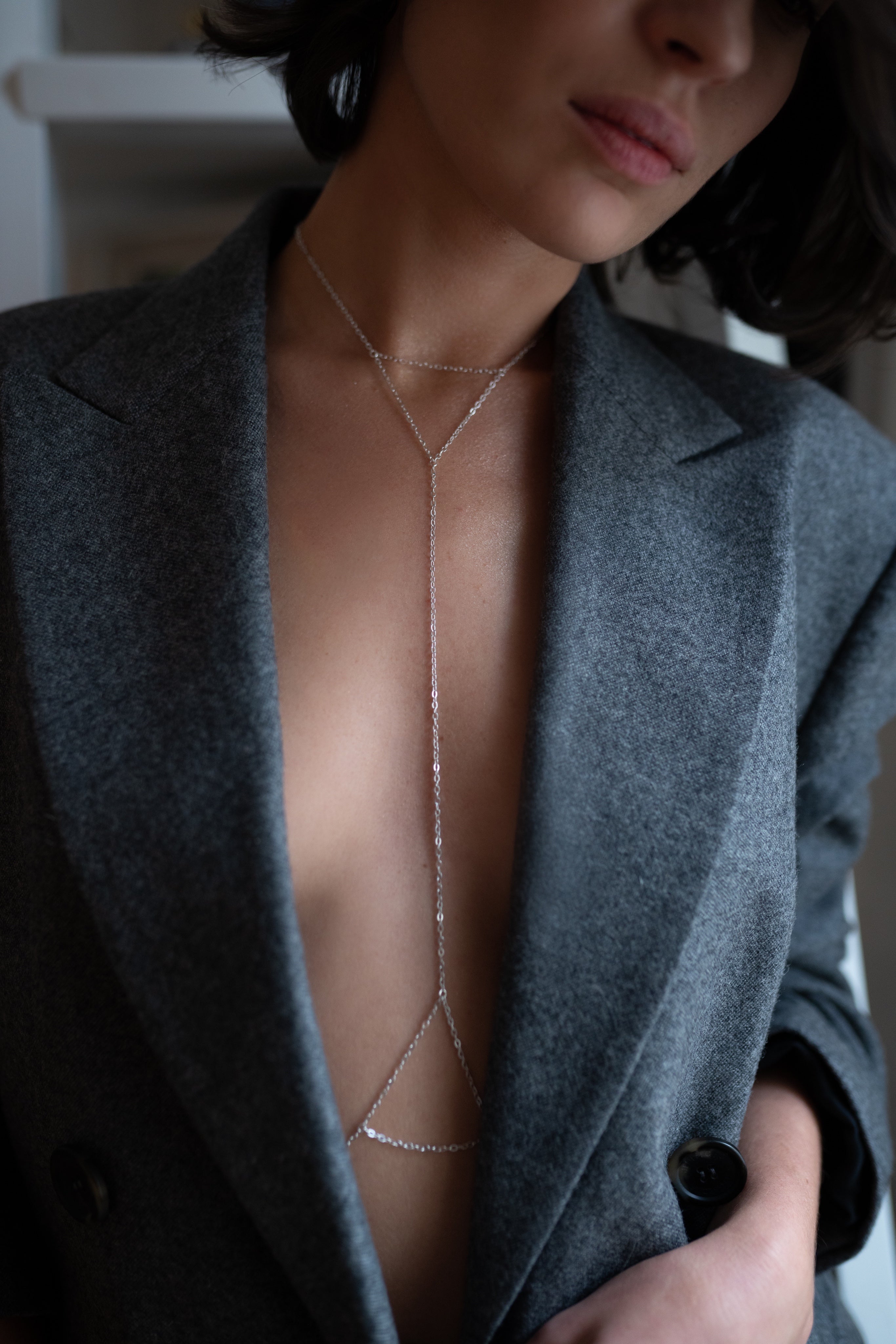 Sanje body chain in sterling silver, geometric triangle detail at the waist