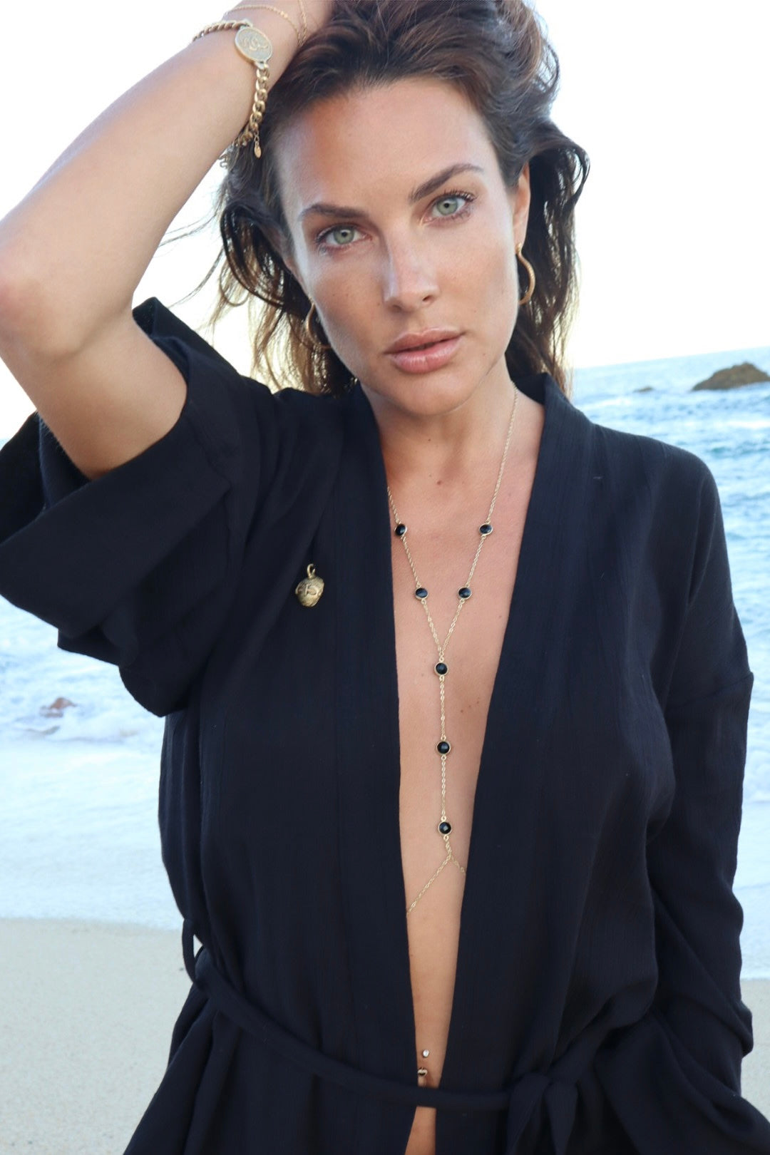 Inerci gemstone body chain paired with swimwear