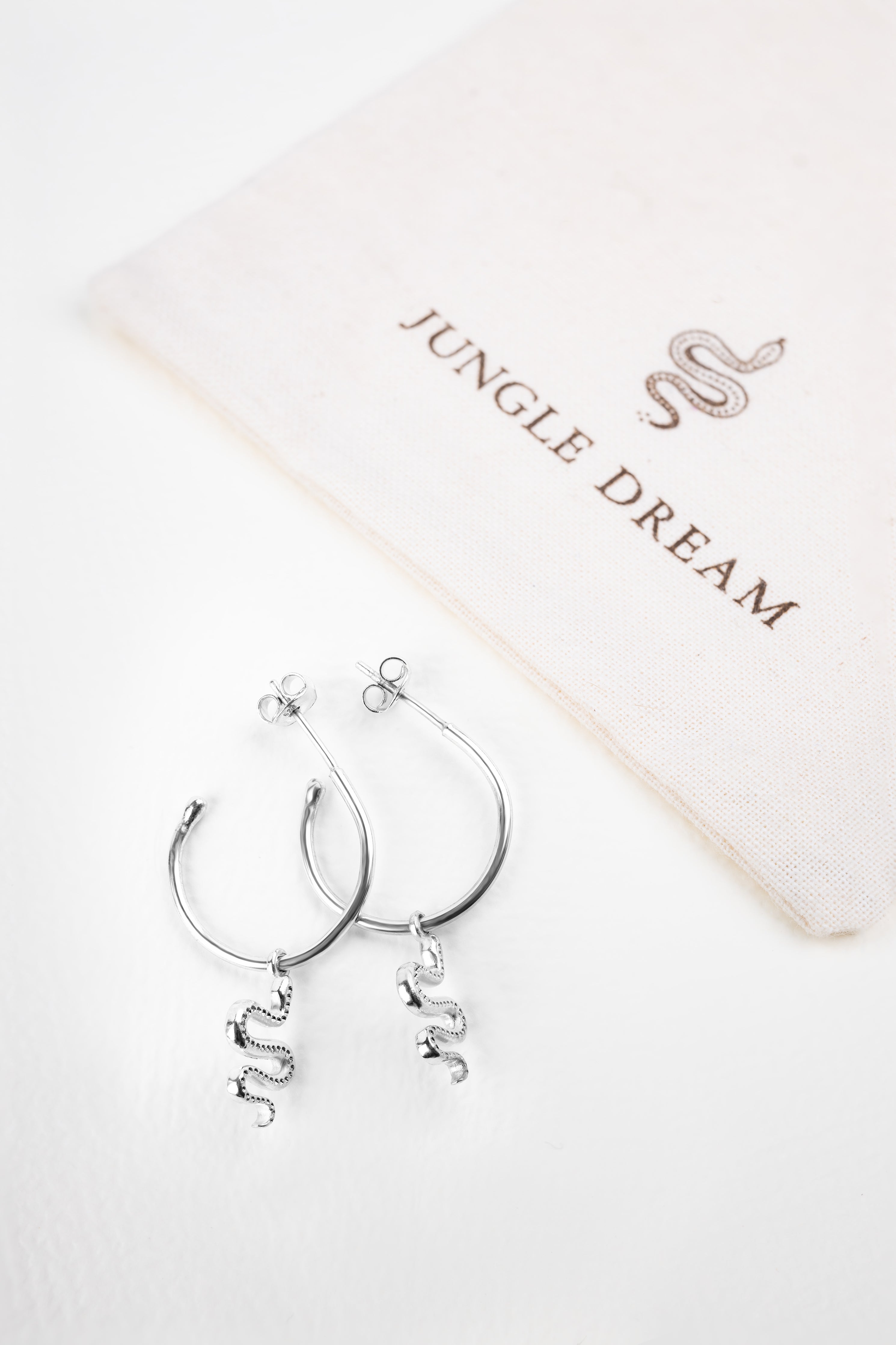 Ejo serpent earrings, flat lay product photo
