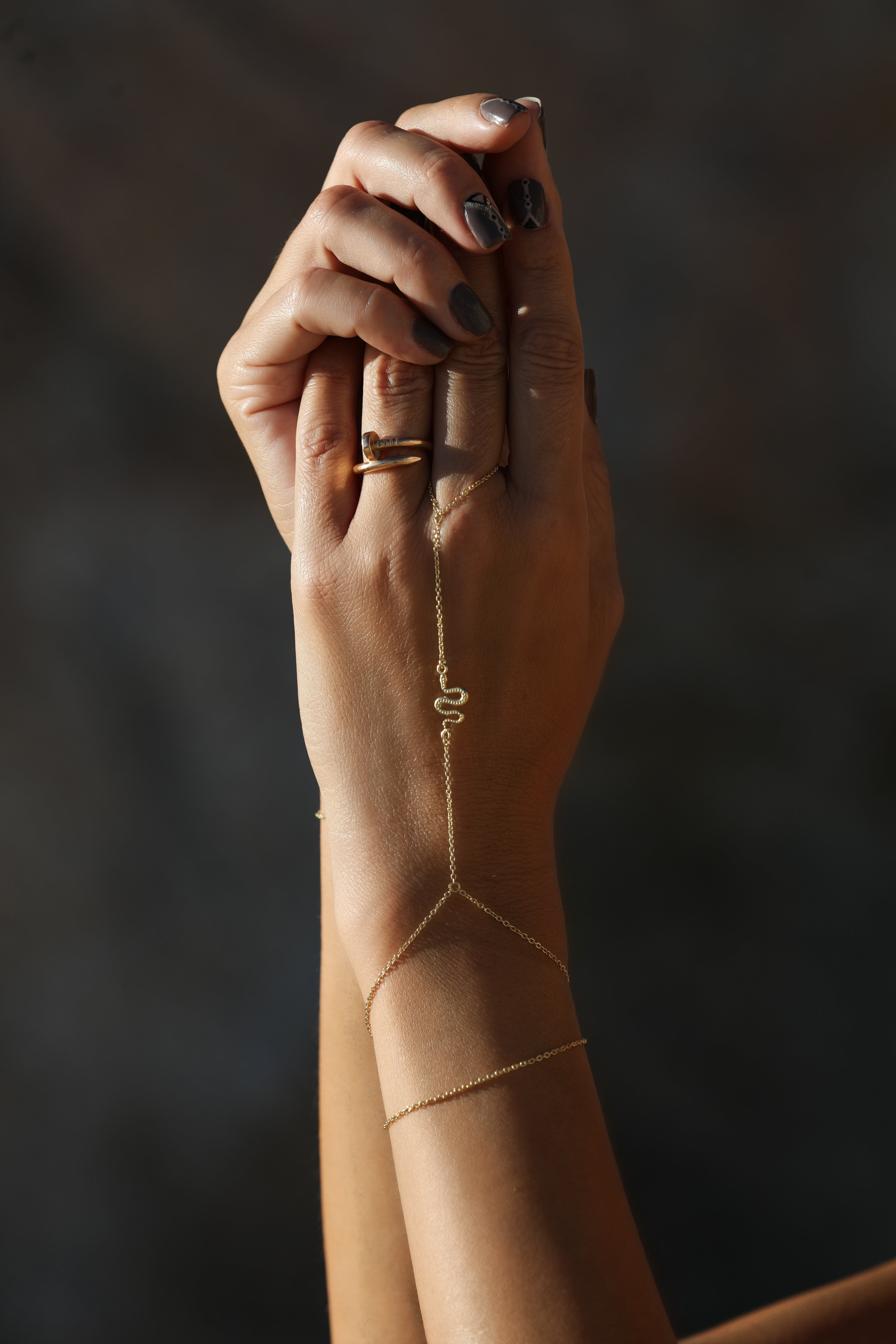 Nahesa serpent hand chain in sterling silver, worn on the hand