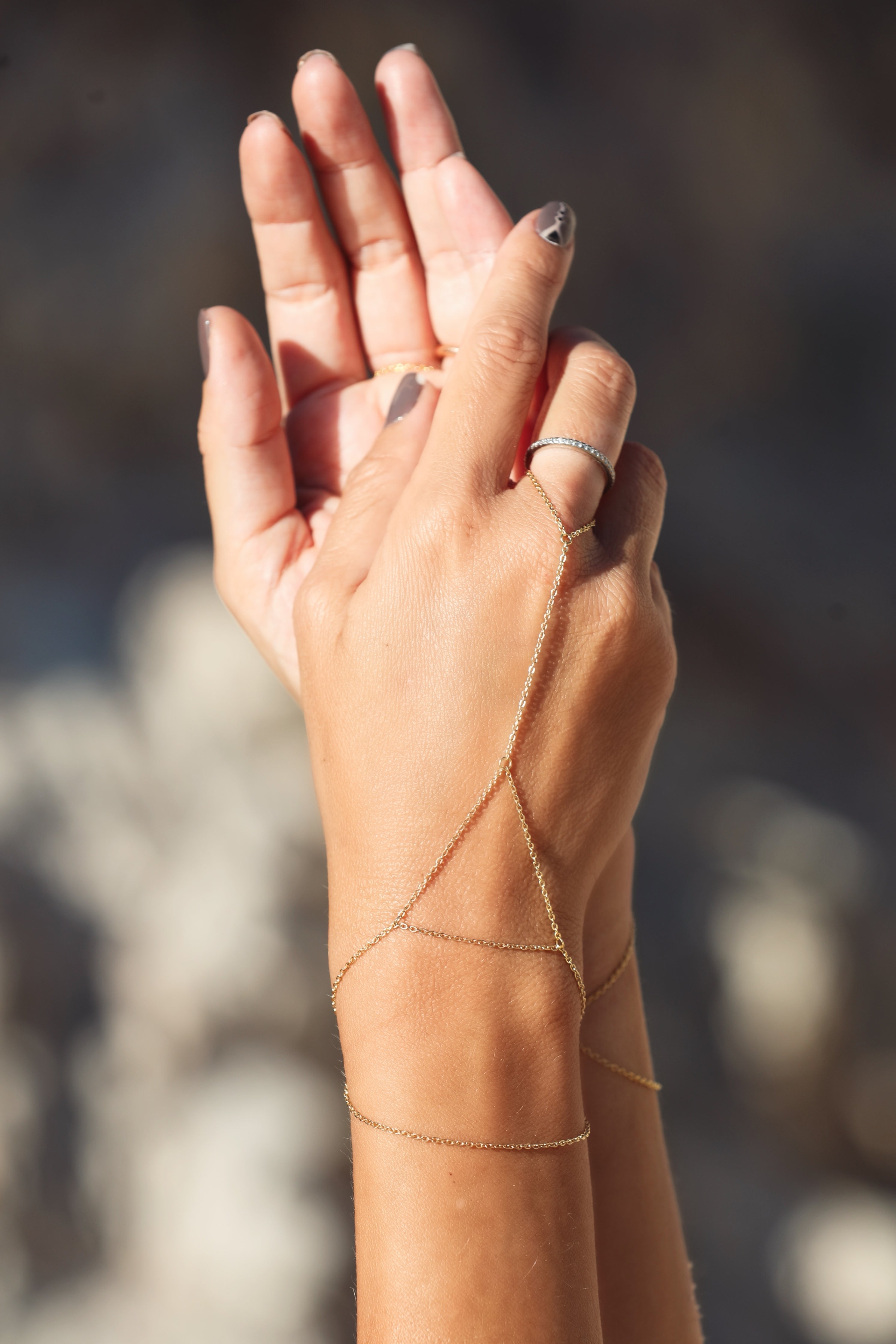 Sanje hand chain in sterling silver, geometric triangle centerpiece