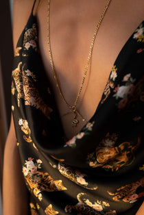 Ilan body chain in sterling silver, draped softly across the neckline