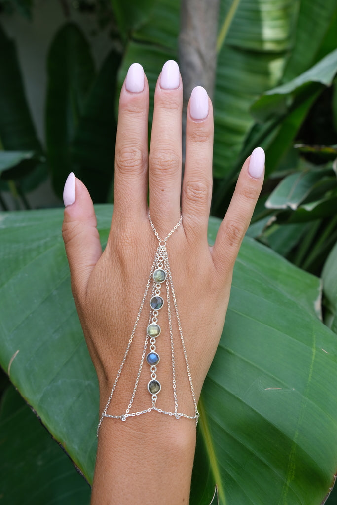 Amaanyi gemstone hand chain, close-up of stone colour variation